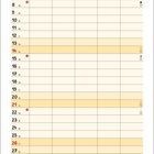 Kalenderblatt für März mit Illustration von Schafen, die Ostereier bemalen, in einer Wiese, umgeben von Blumen.