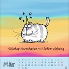 "Glückseinhornkatze mit Sofortwirkung." Illustration: Eine dicke Katze mit Einhorn, lustiger Ausdruck. Kalender für März.