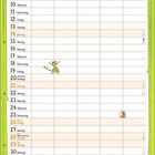 Kalender für März, Wochentage aufgelistet, Illustration einer Katze mit grünem Outfit und Hut, hält Teller hoch.