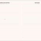 Links: "PERSÖNLICHE DATEN", rechts: "NOTIZEN". Darunter linierte Felder für persönliche Informationen und Notizen.