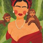 Kalenderseite März, Illustration einer Frau mit roten Lippen und Stirnband, Affen auf Schultern, umgeben von Blättern.