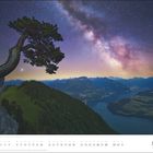 MÄRZ. Oben: Einzigartiger Baum und Sternenhimmel über einer Berg- und Seelandschaft. Unten: Kalendarium für März.
