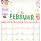 Kalender Februar. Party-Tipps, Rezept für Schokoladen-Trüffel. Illustration mit Faschingselementen, Karnevalsstimmung.