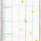 Kalender für März. "Osterhase?" fragt ein Hase neben einem Eimer. Blumen und Osterdekor. Karton-Illustration.