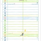 Monat März Kalenderseite mit Wochentagen und Daten. Illustrationen von Tieren wie einem Hasen mit Osterei.