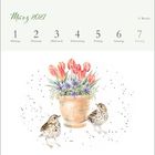 März 2021, 9. Woche. Unten Blumentopf mit Tulpen und blauen Blumen, daneben zwei Vögel.