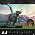Text: "VELOCIRAPTOR, MÄR". Ein Velociraptor steht in einer Landschaft mit Bergen im Hintergrund. Ein Logo zeigt einen Dinosaurier.