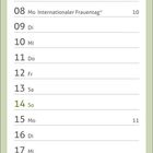 Kalenderseite für März: Feiertage sind Internationaler Frauentag, Frühlingsanfang, Karfreitag, Ostern. Bild einer Katze.