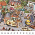 "03", "Bäckerei", "Taxi", "Hier!" Kalender-Illustration mit Häusern, Autos und vielen Menschen in einer belebten Straßenszene.