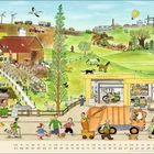 Das Wort "März" und ein Kalender befinden sich unten. Oben sind "Werkstatt" und "Tankstelle" zu sehen. Dorfleben mit Feldern.