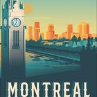 „Montreal Quebec Canada“. Illustration mit Turm, Wasser und Stadt bei Sonnenuntergang.
