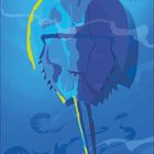 03. Illustration eines blauen Hufeisens. Verspielte Formen und Farbverläufe in Blau und Gelb.