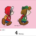 Januar | KW 1, 4 Montag; Illustration: Zwei Figuren, blicken nach rechts, mit Rucksäcken, auf rosa Hintergrund.