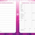 Links "MEINE PERSÖNLICHEN DATEN", rechts "MEINE SCHULE – WHO IS WHO?". Pinker Hintergrund mit Sternen.