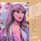 Kalenderblatt für den März mit einem illustrierten Porträt einer Frau vor einem bunten Hintergrund.