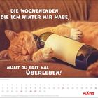 Die Texte: "Die Wochenenden, die ich hinter mir habe, musst du erst mal überleben!", "März". Eine schlafende Katze umarmt eine Weinflasche.