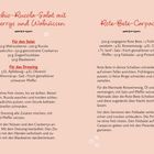 Radicchio-Rucola-Salat, Zutaten, Dressing mit Apfelessig, Olivenöl. Rote-Bete-Carpaccio: Rote Bete, Frühlingszwiebeln, Marinade.