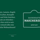 „Fichten, Lametta, Kugeln... frohe Weihnachtszeit!“ Rechts ein Schild: „Zauberhafte Naschereien“. Dunkelgrüner Hintergrund.