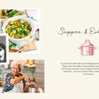 Texte: „Suppen & Eintöpfe”. Illustration: Ein roter Kochtopf. Fotos: Linseneintopf, Essende Gruppe, lachende kochende Frau.