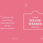 Zitat von Teresa von Ávila: „Tu deinem Leib etwas Gutes...“. Rechts ein Schild mit „Echte Seelenwärmer". Rosa Hintergrund.