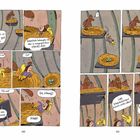 Comicszene mit Dialogen und einem Dreieck aus Nestern. Eine Person mit Krone und gelber Figur sprechen über Gefahr und Eier.