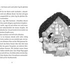Seite mit fortlaufendem Text, darunter Illustration: Zwei Kinder sitzen in einem gemütlichen Dachzimmer auf einem Bett.