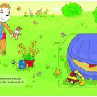 „Ist das Osternest vielleicht im Garten in der Sandmuschel?“ 
Illustration: Ein Bär mit Schaufel im blühenden Garten.