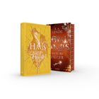 Zwei Bücher: "Haus der Flüche" in Gelb mit Drachen und "Royal Houses" in Rot mit Zweigen und Schlüssel.