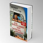 "Die kalte Hand des Camping-Killers" von Bernd Stelter. Titelbild: Mann schaut aus Wohnwagenfenster, Grünzeug im Vordergrund.