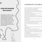 Texte: „WENN DIE DIAGNOSE DICH UMHAUT“, „DIE ERKENNTNIS: ICH HABE KREBS“. Zwei Hände halten ein Band.