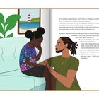 Auf Seite 22-23 sitzt ein Mädchen mit buntem T-Shirt auf einem Sofa neben einem Mann, der ihr knieend zuhört.