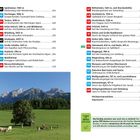 Liste von Wandertouren mit Höhenangaben. Unten: Landschaft mit Kühen, grüner Wiese und Bergen im Hintergrund.