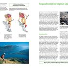 Texte: "Nicht zum Hang lehnen – sonst wird er zur Rutschbahn." "Anspruchsvolles bis wegloses Gelände." "Vom Gehen zum Steigen." "Wurzeln und Äste." "Weglos gehen: große Kunst für Fortgeschrittene und ›viel Gegangene‹."

Bildbeschreibung: Links sind Illustrationen einer Person beim Klettern, mit Betonung auf richtige Fußhaltung und Gewichtsverlagerung. Unten ein Foto mit Blick auf einen See und Berge.