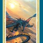 Eine Illustration zeigt einen Reiter auf einem blauen Drachen am Himmel bei Sonnenaufgang, umgeben von anderen Drachen.