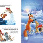 Links: Ein Igel zittert, Freunde kuscheln ihn warm. Rechts: Tiere gehen ins Haus, Kakao wird erwähnt. Winterlandschaft.