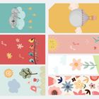 Sechs bunte, rechteckige Illustrationen, jede mit Blumen, Vögeln, Sonnen, einem Koala und einem Heißluftballon.