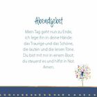 Abendgebet: Ein Gedicht mit buntem, stilisiertem Löwenzahnmotiv unten rechts. Friedliche Gestaltung mit blauer Linie unten.