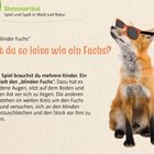Logo „Abenteuerland“. Spiel „Blinder Fuchs“. Text und Foto: Ein Fuchs mit Sonnenbrille schaut nach oben.