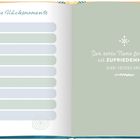 „Meine Glücksmomente“, Liste auf der linken Seite. Rechts: „Der echte Name für Glück ist ZUFRIEDENHEIT. Henri-Frédéric Amiel“.