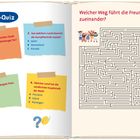 Links: Blitz-Quiz mit vier Fragen zu Städten, Flüssen und Ländern. Rechts: Labyrinth mit fröhlichen Kindern.