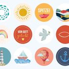 Texte: "SPITZE!", "VON GOTT geliebt". Illustration mit Sonne, Regenbogen, Friedenstaube, Leuchtturm, Schiff, Ballon, Anker.
