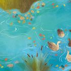 Diese Illustration zeigt Enten, die in einem Teich schwimmen, umgeben von bunten Herbstblättern und Schilf.