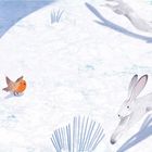 Illustration: Ein Vogel, ein jagender Hase und eine Wiesel im Schnee, unter einem furchteinflößenden Schatten.