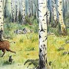 Illustration eines Walds mit Birken, einem Bären, einem Specht und Hasen in einer ruhigen, grünen Landschaft.