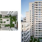 Text: Wohnhochhaus Schwedler Carré. Ein modernes Wohnhochhaus aus hellem Beton mit Balkonen, daneben ein Innenhof mit Bäumen.