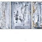 Emulsion, 1996/97, Öl auf Leinwand, drei abstrakte Bilder mit weißen, grauen und schwarzen Texturen.