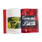 Links: Liste mit Kunstwerken und Details. Rechts: "SIMULATIONS, LOGOS, AND PROTOTYPES" mit roten und grauen Illustrationen.