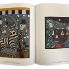 Linkes Bild: Zebra und Figuren in surrealem Stil. Rechtes Bild: Gesicht und geometrische Formen, beide in kräftigen Farben.