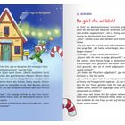 Linke Seite: "21. Dezember - Das Dorf des Weihnachtsmanns." Rechte Seite: "22. Dezember - Es gibt ihn wirklich!" Illustration: Weihnachtsmann, Elfen, Rentier.