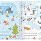 Ein Weihnachtsbaum steht fest. Eisbären schmücken ihn freudig. Daneben spielen Robben auf Eisschollen im Wasser. Alles ist fröhlich.